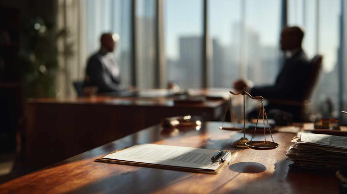 Los Angeles attorney reviewing personal injury documents and pricing with a client in office
